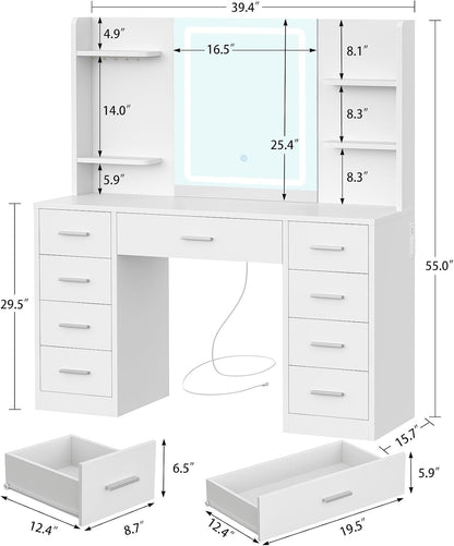 FIONESO Vanity Desk with Mirror and Lights, Makeup Vanity with 9 Drawers & Power Outlet, 5 Hooks & 6 Open Shelves, 3 Lighting Colors & Adjustable Brightness, White Vanity for Girls