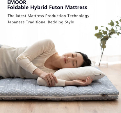 EMOOR Foldable Hybrid Futon Mattress, High-Resilience Urethane Foam 150N with Washable Padded Cover, Twin, Tatami Floor Sleeping Mat Pad Topper, Gray