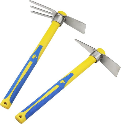 2 PCS Garden Hoe Tools, Stainless Steel Cultivator Hand Tiller and Hand Pick Axe with Fiberglass Handle, Pick Mattock Hoe for Planting Digging Weeding Gardening