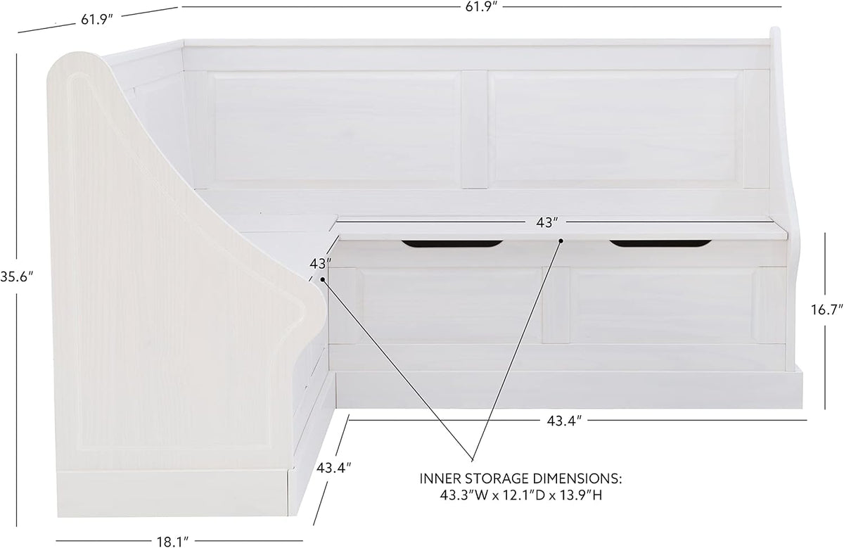 Linon Harris White Corner Breakfast Nook - Nook Only, Table is NOT included! 20.88D x 61.88W x 36.63H in