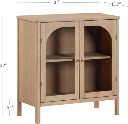 Nathan James Mason Modern Farmhouse Storage Cabinet, Free Standing Accent Sideboard Buffet, Cabinet with Glass Doors and Adjustable Shelf, Clear Glass/Raw Oak