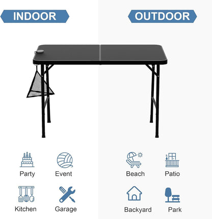 VECELO Folding Table 4 Foot with Mesh Bag, Indoor Outdoor Heavy-Duty Portable w/Handle,Fold-in-Half for Picnic, Party, Camping, Matte Black