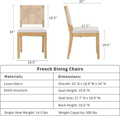 French Country Dining Chairs Set of 4, Beige Farmhouse Wood Dining Room Chairs, Woven Back Linen Upholstered Dining Chair, Solid Wood Legs, Boho Style Kitchen Chairs, Sillas de Comedor