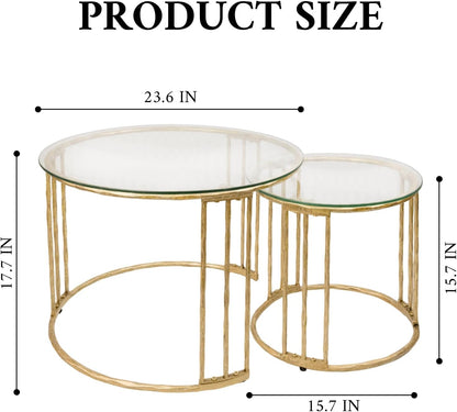 BEGINS Nesting Coffee Table Set of 2, 23.6" Round Coffee Table, Hand Forged Vintage Gold Center Table with Glass Top for Living Room, Bedroom, Balcony