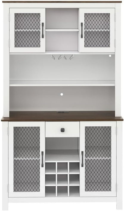 SOFTSEA Kitchen Pantry Cabinet with Built-in Power & USB Outlets, Kitchen Storage Cupboard with Doors, Wine Rack and Shelves, Rustic Buffet Cabinet with LED Light, 47.1x11.8x70.9 Inch, White