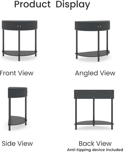 Entryway Table, Artisan-Crafted Half Moon Fluted Console Tables with 2 Rattan Storage,Small Half Circle Tables for Hallway, Narrow Round Accent Decort Table for Living Room (Dark Gray)