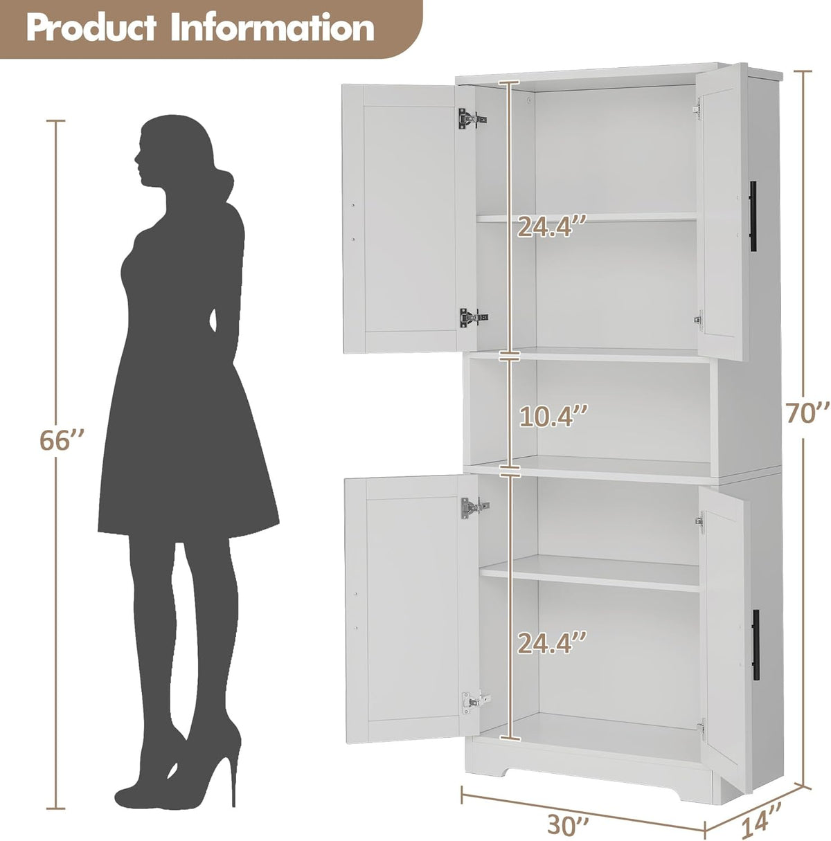 Kitchen Pantry Cabinet, 70in Tall White Storage Cupboard with Doors and Adjustable Shelves, Freestanding Stand Alone Wood Furniture Hutch for Living Room, Bathroom, Home Organization