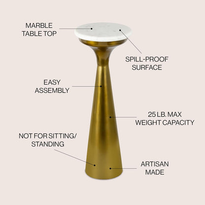 Eyely DNE1009A Alton 22.25" Mid-Century Glam Retro Metal Drink Table with Marble Top, Side Table for Bedroom, Living Room, White/Gold
