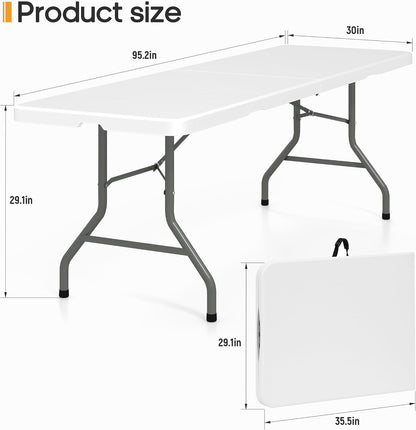 8ft Folding Table Heavy Duty Foldable Table Lightweight Plastic Table with Reinforced Legs for Indoor Outdoor Use Perfect Portable Folding Tables for Parties, BBQs, Weddings, Camping White