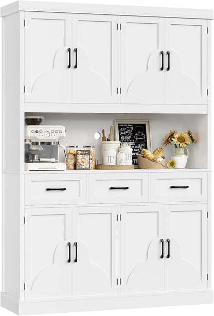 HITHOS 55“W Kitchen Pantry Cabinet, 76" Tall Hutch Storage Cabinet, White | Large Kitchen Pantry Storage Cabinet with Countertop, Modern Kitchen Hutch, Wood Coffee Bar with Drawers for Dining Room