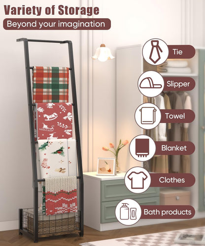 6.3ft Blanket Ladder with Storage Basket, 5 Tier Decorative Ladder Shelf Stand for Living Room & Bedroom, Wall-Leaning Blanket Holder Quilt Rack for Home Décor, Rustic Brown & Black