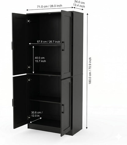 DIYART 71" Tall Kitchen Pantry Cabinet, Freestanding Food Storage Organizer with Doors & Adjustable Shelves, Large Utility Hutch Cupboard for Dining Room, Kitchen & Home Office, Black