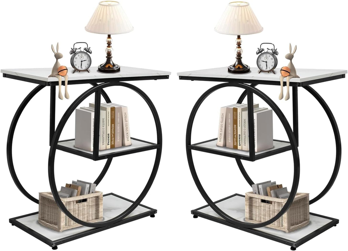 AT-VALY Pair of 2 Side Table with Storage Shelves,3-Tier End Table, Small Sofa Side Table for Living Room, Bedroom (Black)