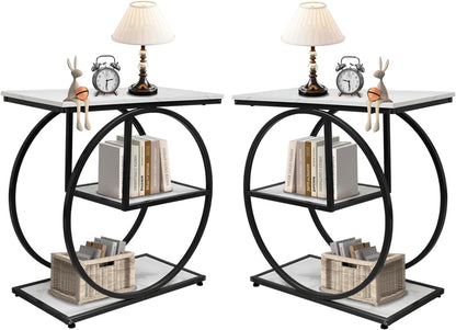 AT-VALY Pair of 2 Side Table with Storage Shelves,3-Tier End Table, Small Sofa Side Table for Living Room, Bedroom (Black)