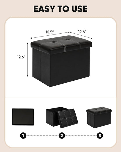 B FSOBEIIALEO Folding Storage Ottoman, 16.5" Faux Leather Ottomans, Black | Small Ottoman Foot Rest with Padded Seat, Rectangle Coffee Table Chest Bench, for Dorm Living Room