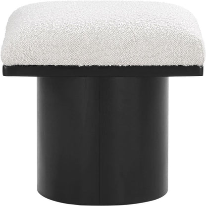 MAKLAINE Cream Boucle Fabric Bench/Stool, 15.5" W x 18" D x 17.5" H, Oak Veneer with Black Finish, 4" Thick Channel-Tufted Seat Cushion, Art Deco Design, Modular Living Room or Entryway Seating