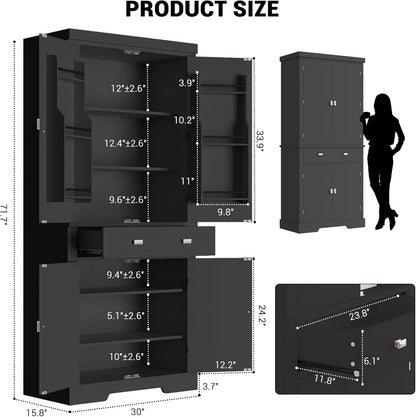 72" Kitchen Pantry Storage Cabinet, Utility Freestanding Food Pantry with 2 Drawer & 6 Door Shelves, Modern Wood Tall Cupboard with 4 Adjustable Shelves for Dining Room, Living Room, Kitchen,Black