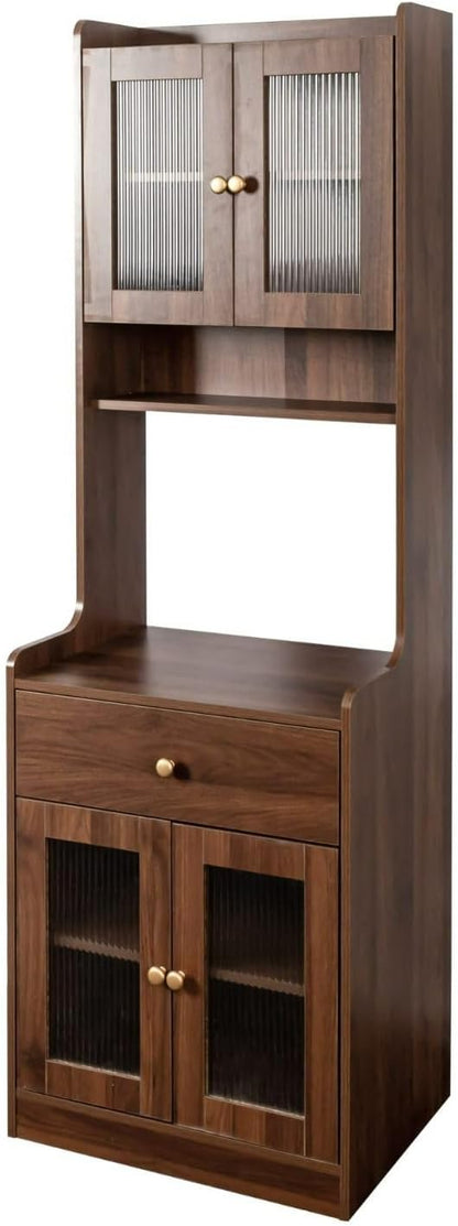 Kitchen Pantry Cabinet with Hutch, Walnut Farmhouse Storage Buffet Sideboard, Coffee Bar Station with Drawer & Glass Doors for Dining Room, Kitchen, Living Room, 70.87" Tall