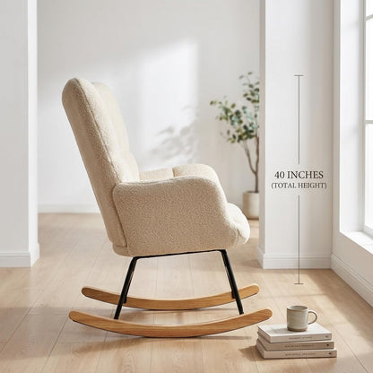 Teddy Upholstered Wingback Rocking Chair, Soft Padded Indoor Reading Glider Chair for Living Room and Bedroom, Beige