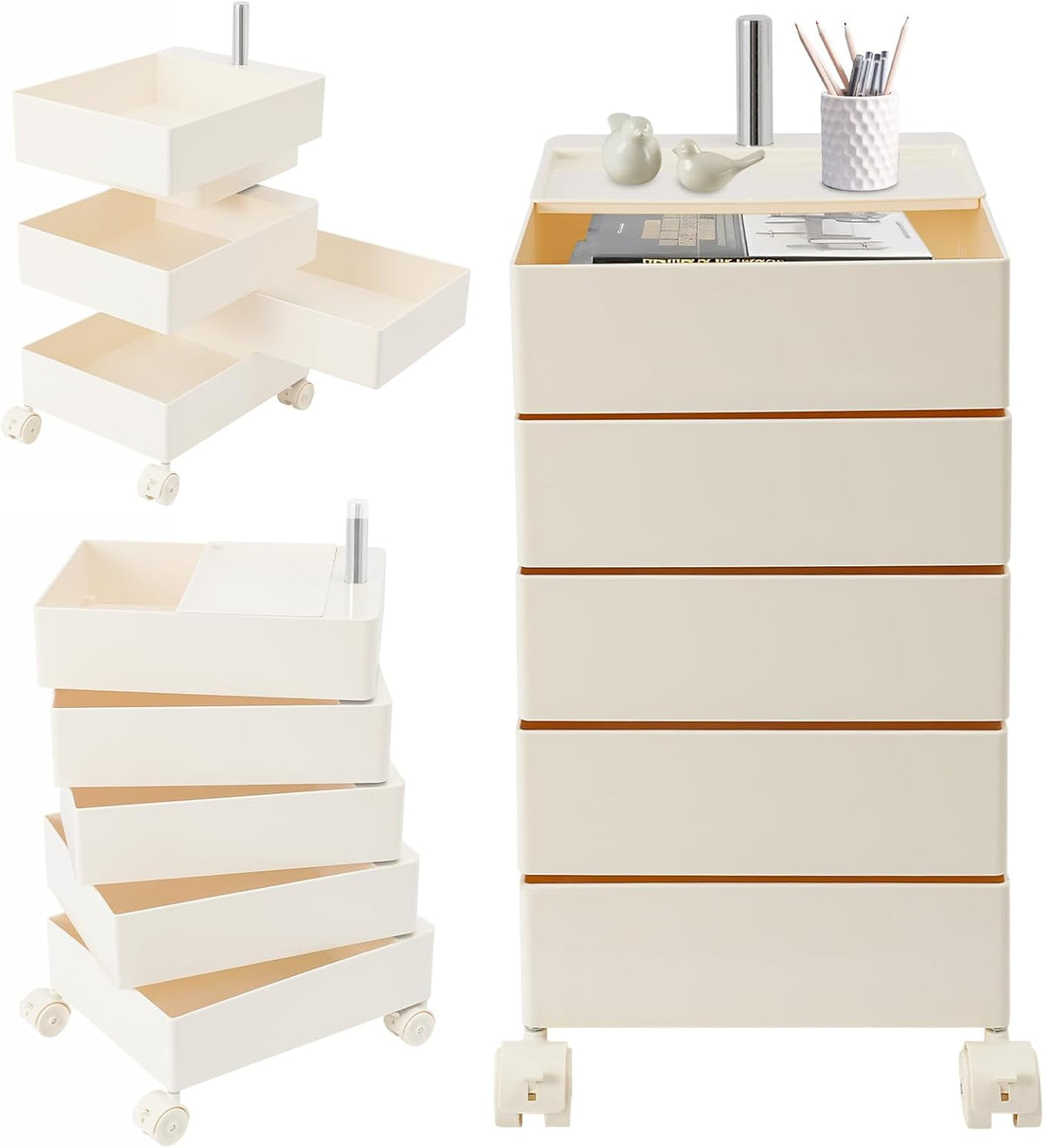360° Movable Rotating Storage End Table Sofa Side Cabinet Laptop Bedside Table with 5 Tiers Shelves 4 Universal Casters for Living Room Bedroom Sofa Dormitory, White