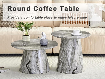 Nesting Coffee Table Set, Gray Veneer Round Tables, Mid-Century Modern | Round Coffee and Side Table Set for Living Room or Office with Space-Saving Nested Design and Gray Veneer Finish