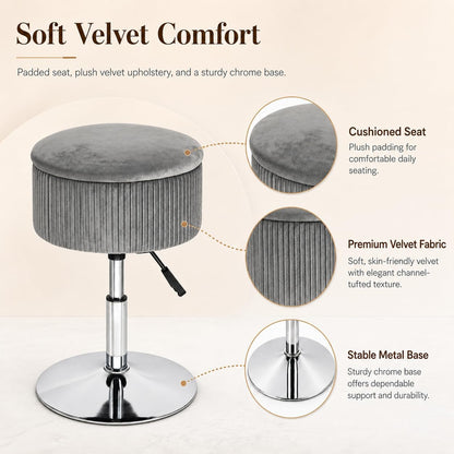 2 in 1 Adjustable Storage Vanity Stool with Flip-Over Wood Tray | 360° Swivel Vanity Chair with Storage, Small Round Makeup Stool for Vanity, Gray Velvet