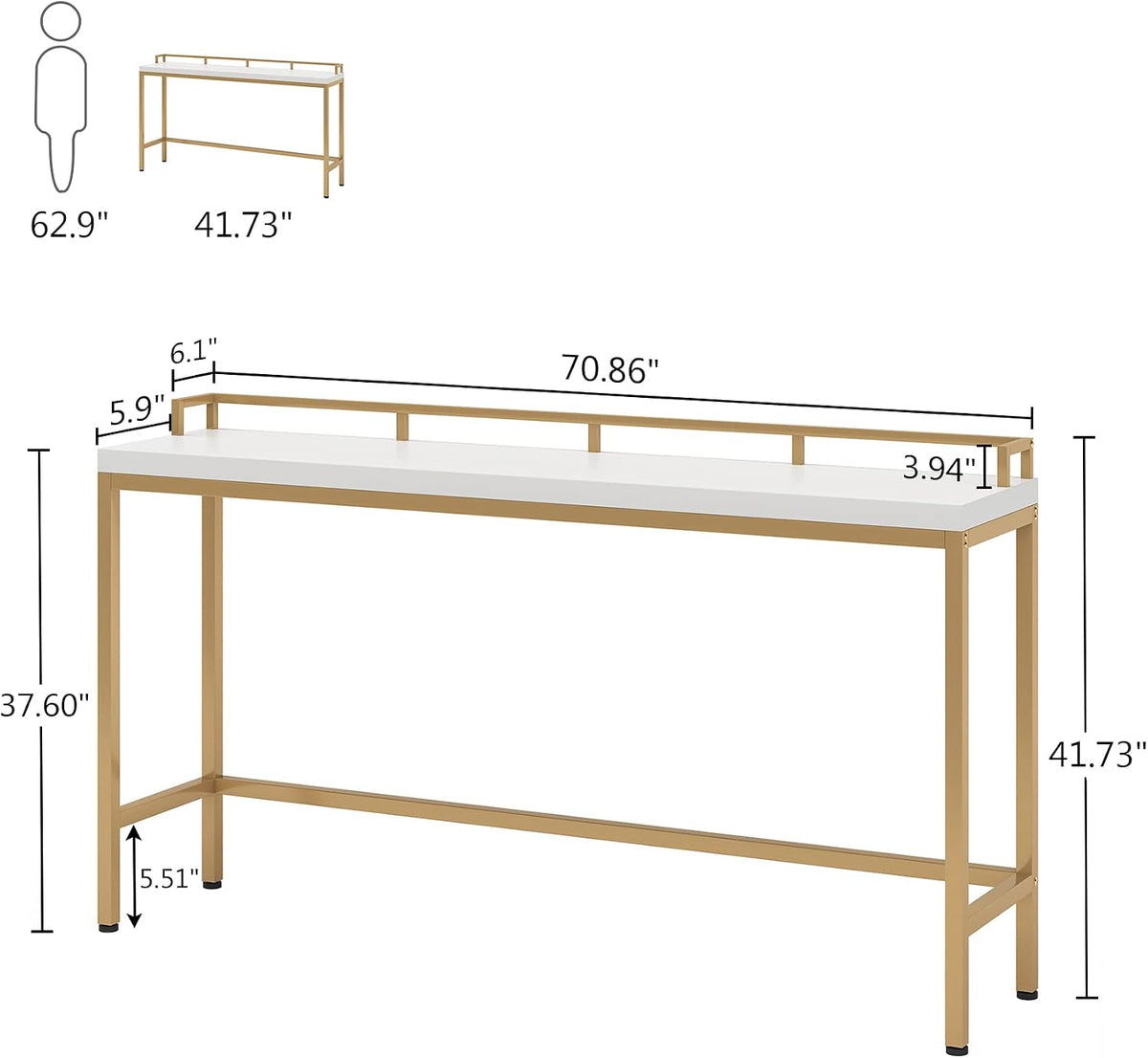 Tribesigns 70.9 inch Extra Long Sofa Table, Narrow Console Table Behind Couch, Modern Entryway Table Skinny Hallway Table for Living Room (White+Gold)