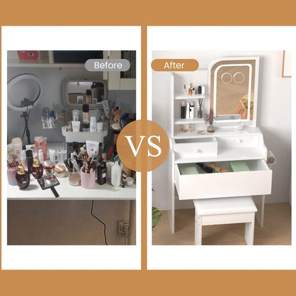 HOMEMORE Vanity Desk with LED Mirror Small Vanity with Lights 3X and 5X Magnifying Glasses 3 Drawers Makeup Table with Chair for Bedroom.White