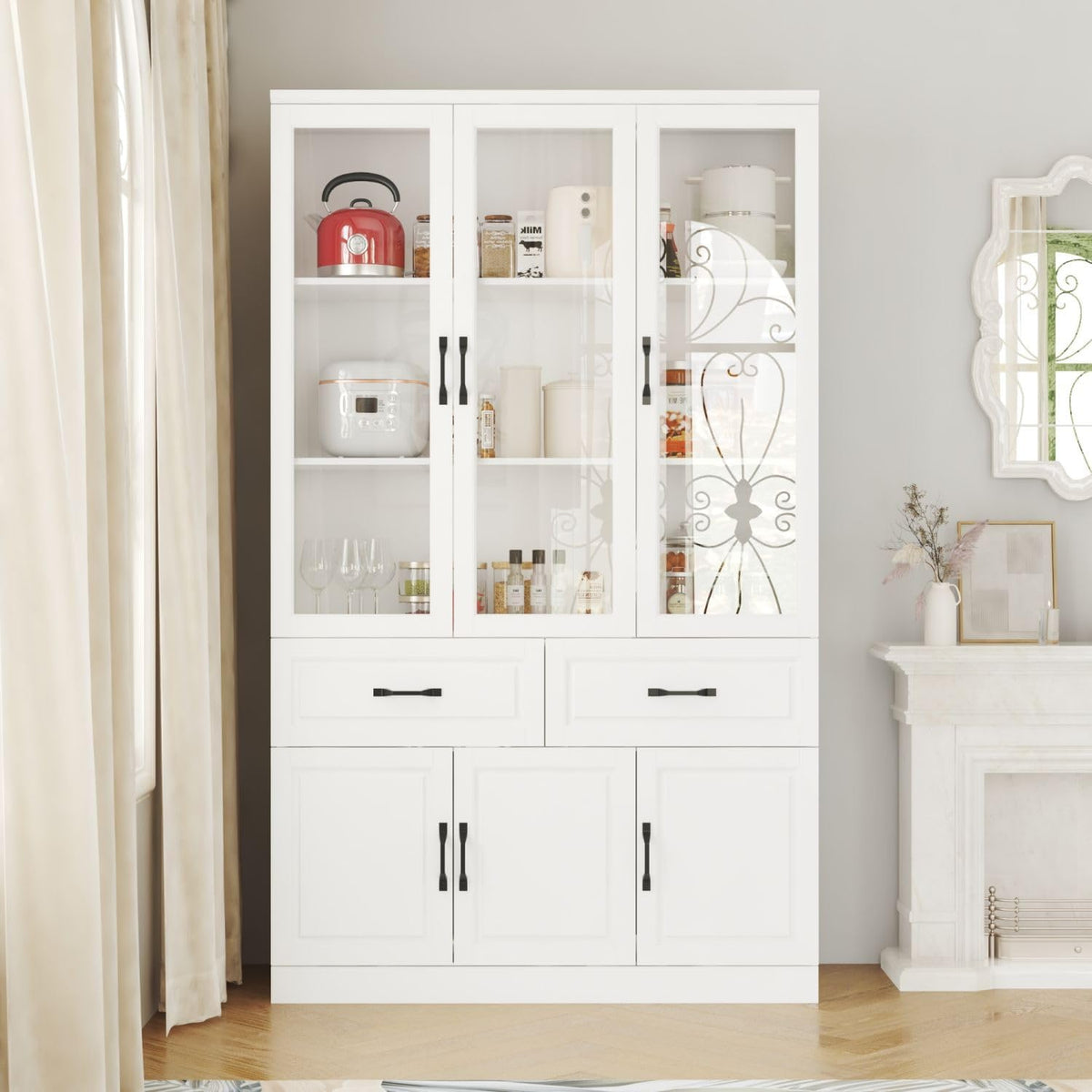 MOUMON Pantry Cabinet Kitchen Storage Cabinet with 3 Glass Doors, Kitchen Pantry with Shelves & 2 Drawers, White (47.2”W x 15.7”D x 78.7”H)