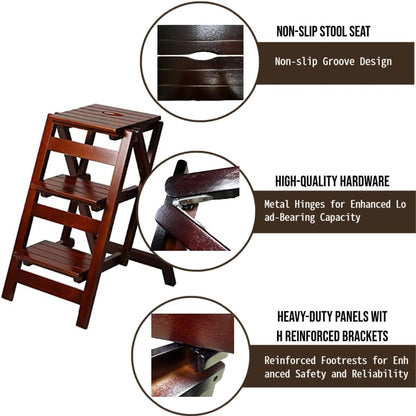 3 Step Stool Wooden Folding Ladder Chair Thickened Library Stair Chair Portable Light Garden Tool Ladder Maximum Load 337bl