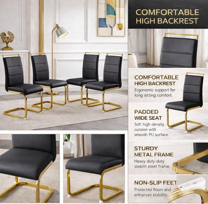 Dining Chairs Set 4, Armless Black Kitchen Chairs,Waterproof Faux Leather Dinner Chairs with Upholstered Seat,Armless Side Chairs with Gold Metal Frame for Kitchen Dining Room