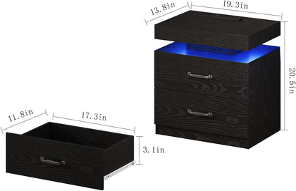Black Nightstand with Charging Station, Modern Night Stand with LED Lights, End Table Bedside Table with 2 Drawers for Bedroom, Living Room