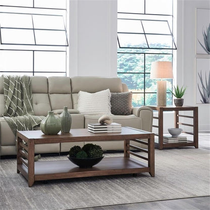 Pemberly Row 3-Piece Living Room Table Set, Harvest Brown Wood Finish, Poplar and Maple Veneers, Includes Cocktail Table with Casters and 2 End Tables, Shaker Style, Storage Shelves for Living Room