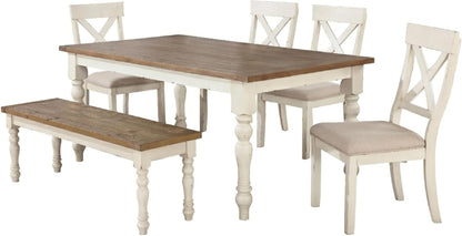 Roundhill Furniture Prato 6-Piece Dining Set, Dining Table with 4 Cross Back Chairs and Bench, Antique White and Distressed Oak Finish