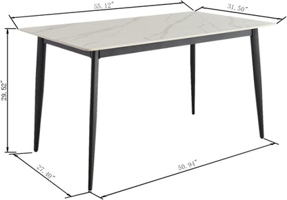 Sintered Stone Dining Table, Faux Marble Dining Table for 4-6 People, 55" Rectangular White Kitchen Table with Porcelain Table Top and Metal Legs for Living Room(1 Table Only)