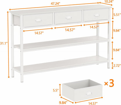 Furologee White Long 47" Console Sofa Table with 3 Drawers, Entryway Table with 3-Tier Storage Shelves, Display Shelf for Entry Way, Hallway, Couch, Living Room, Kitchen, Foyer | Industrial Hallway Table with Open Wooden Shelves for Hallway, Entry Way