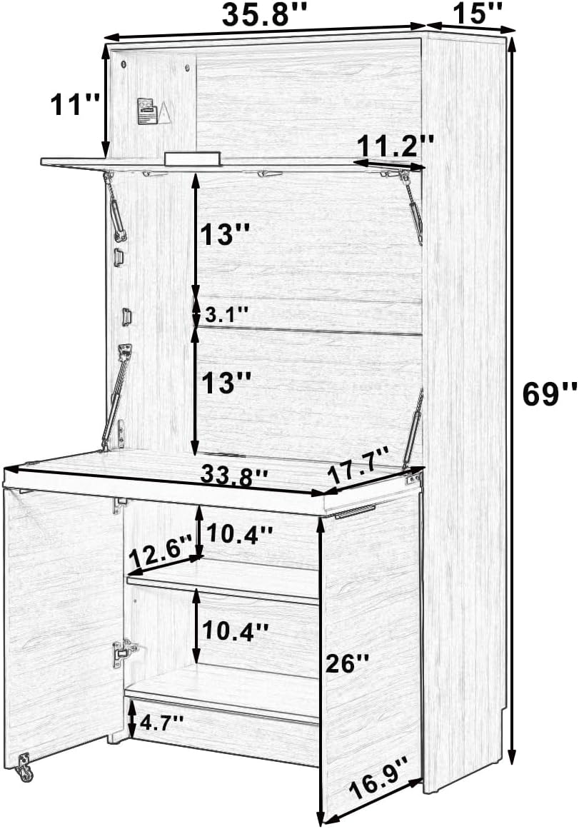 Tall Pantry Cabinet with Power Outlet, Multifunctional Cupboard with Adjustable Shelf, Hutch and Foldable Workstation for Dining Room, Living Room (White)