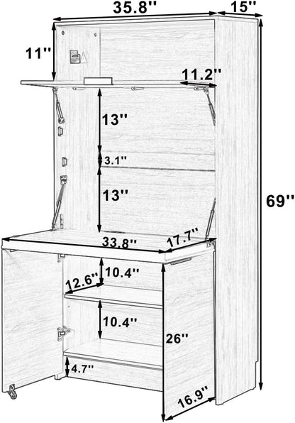 Tall Pantry Cabinet with Power Outlet, Multifunctional Cupboard with Adjustable Shelf, Hutch and Foldable Workstation for Dining Room, Living Room (White)