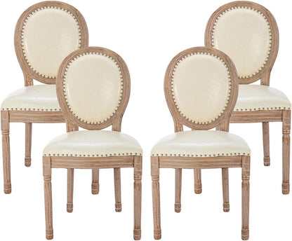 Nrizc French Country Dining Chairs Set of 4, Leather Farmhouse Dining Room Chairs with Round Back, Solid Wood Legs, Oval Side Chairs for Kitchen, Bedroom, Dining Room