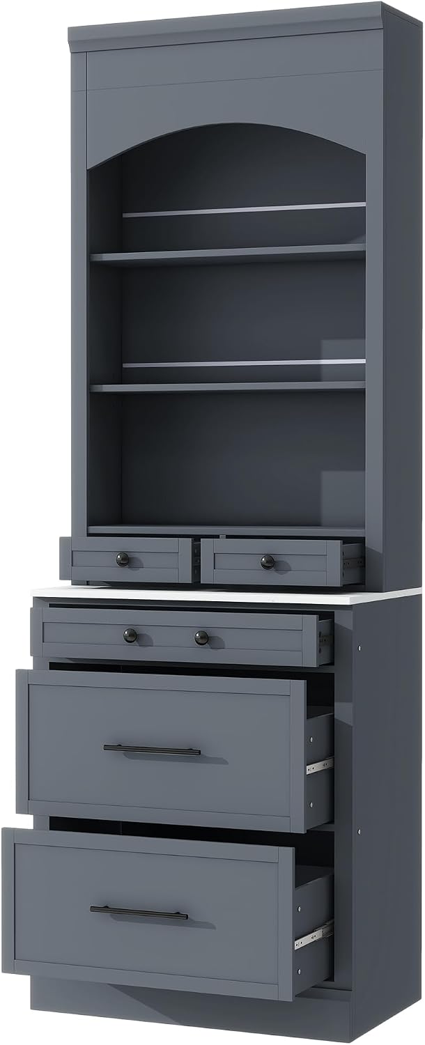 Modern 83.7inch High Kitchen Pantry Storage Cabine, Freestanding Tall Kitchen Hutch with Faux Marble Top, Display Cupboard Cabinet with 5 Storage Drawers and Adjustable Shelf, Gray