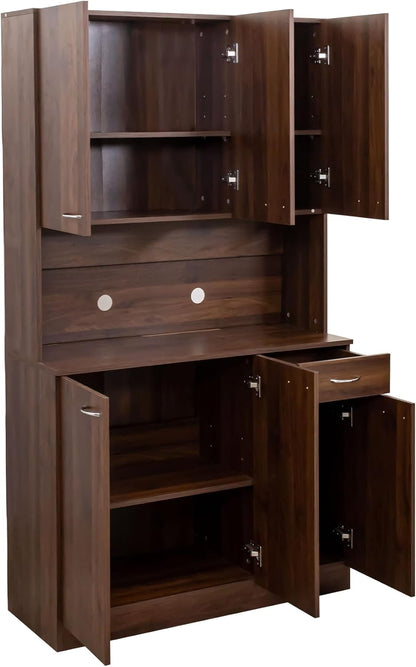 70.86" Tall Kitchen Pantry Cabinet with Open Countertop Freestanding Kitchen Hutch with Doors & Shelves & Drawer Wood Cupboard Large Pantry Cabinet Home Bar for Living Dining Room, Dark Walnut
