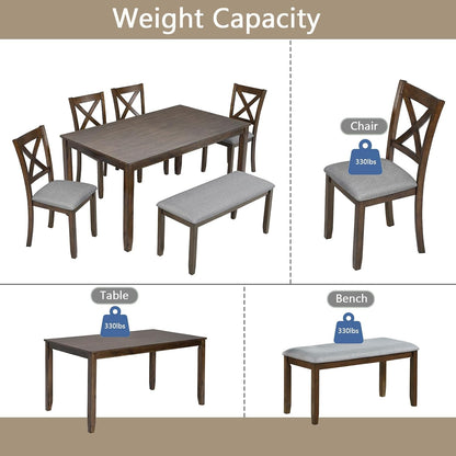 Harper & Bright Designs 6-Piece Dining Table Set with 4 Chairs and Bench, Modern Wood Kitchen Table Set for Dining Room, Breakfast Nook or Small Spaces, Walnut