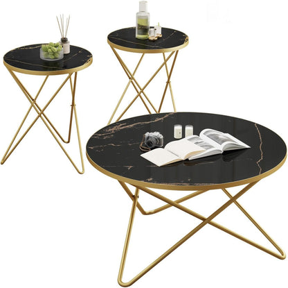HLR Modern Round Coffee Table and Side Table Set of 3,End Table with Faux Marble Top and Gold Metal Frame, Side Table for Living Room, Bedroom, Sofa and Couch, Gold Legs, Black Marble Top