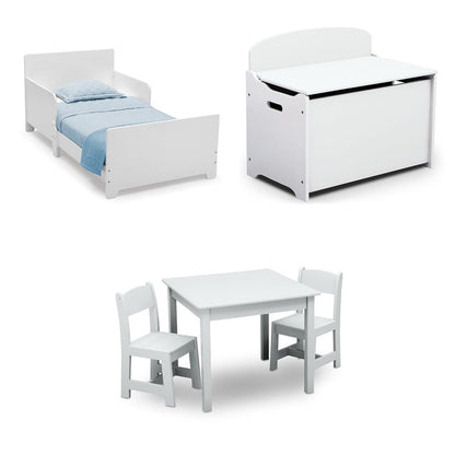 Delta Children MySize Toddler Bed, Bianca White + MySize Kids Wood Table and 2 Chair Set + MySize Deluxe Toy Box (Bundle)