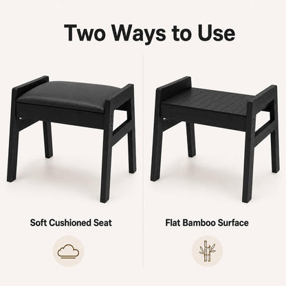 BAMBOOHOMIE Foot Stool Ottoman, Modern Vanity Stool Chair for Makeup with Removable Cushion & Side Handles, Bamboo Ottoman for Living Room Bedroom Office, Small Foot Rest for Couch (Black - Black)