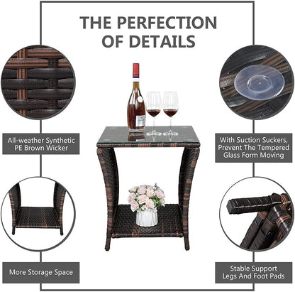 VINGLI Outdoor Wicker Side Table Patio Side Tables for Outside, Tempered Glass Top Wicker Table with Storage End Table for Balcony Porch Deck (Brown)