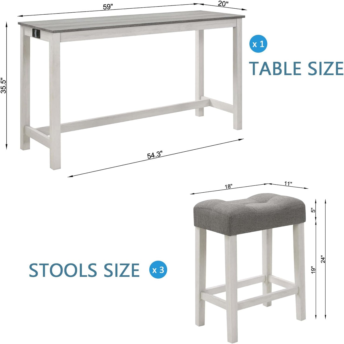 LKTART Bar Table and Chairs Set, 4 Piece Counter Height Bar Table Set with Power Outlet and 3 Upholstered Stools, Industrial Breakfast Table for Living Room, White & Grey