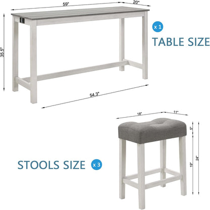 59'' Dining Bar Table and Chairs Set with Power Outlet, 4-Piece Industrial Breakfast Table Set with 3 Padded Stools, Wood Console Table Set for Kitchen Living Room Dining Room, White Grey