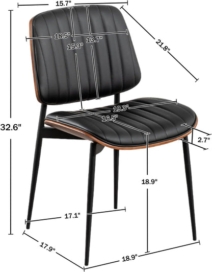 LUNLING Dining Chairs Set of 2 Mid Century Modern Retro Faux Leather Chair with Walnut Bentwood Upholstered Seat Metal Legs Chairs,Adjustable Foot for Kitchen Dining Room Chairs(Black)