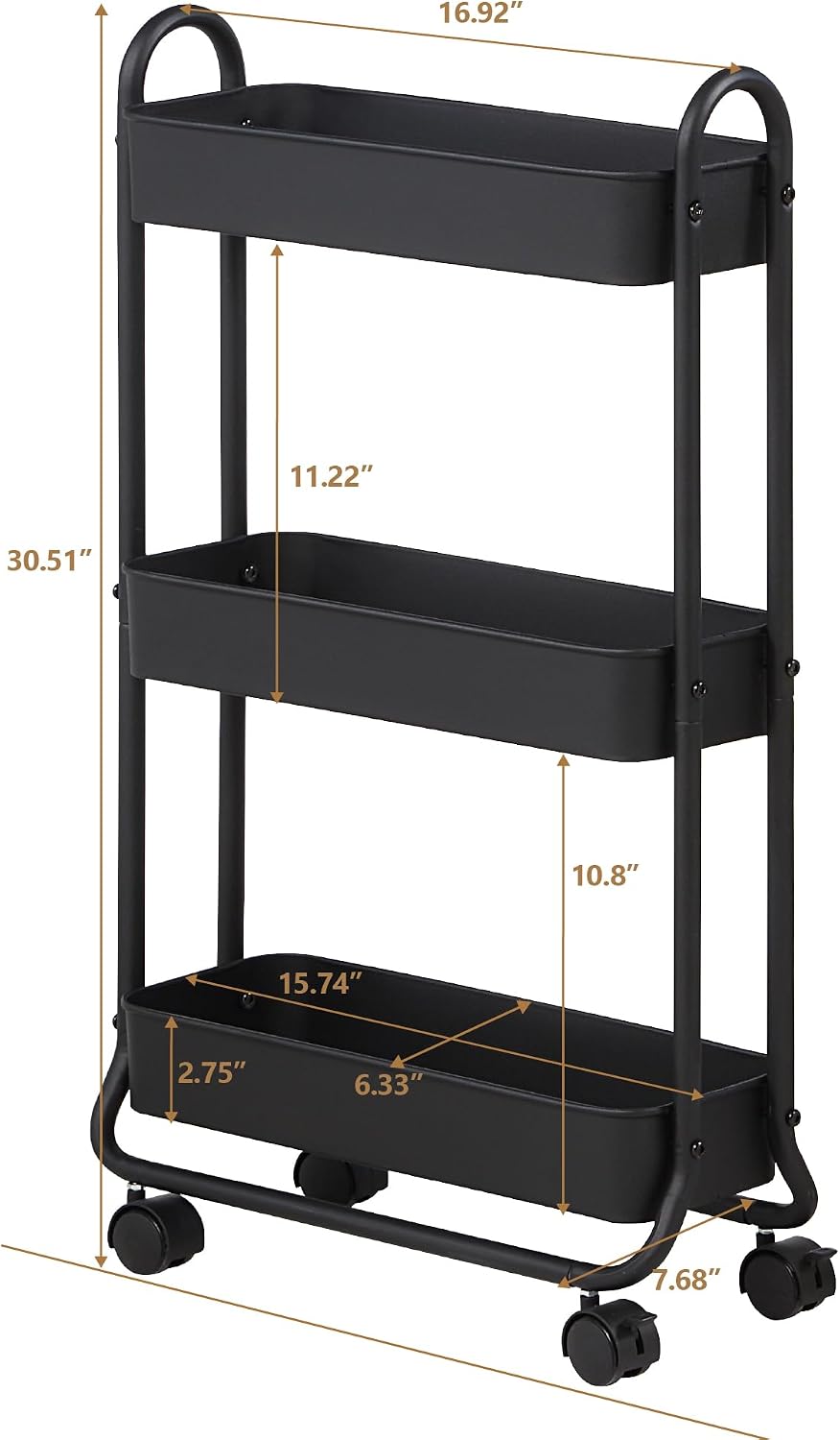 SunnyPoint Slim Rolling Storage Cart, 3 Tier Bathroom Storage Organizer Bathroom, Laundry Utility Cart (Black)